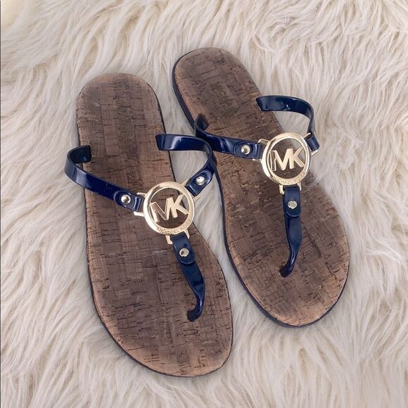 Michael Kors Mira jelly thong sandals Gold logo Navy Blue Beach Vacation Casual - Picture 2 of 7
